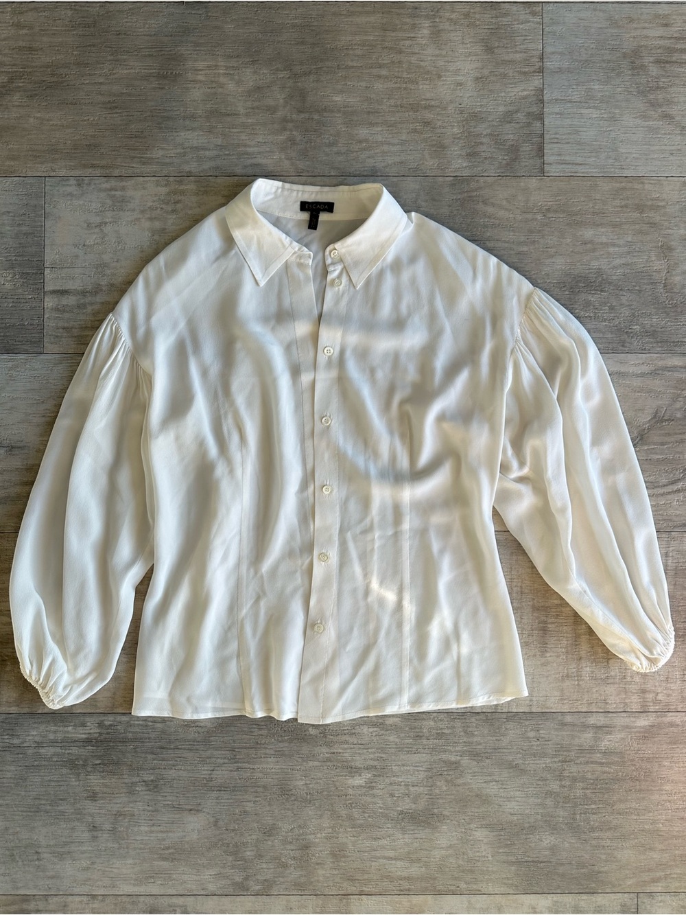 Escada White Button-Down Blouse with Soft Gathered Sleeves
